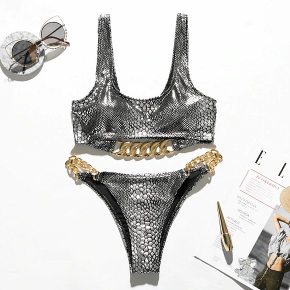 LAST CALL!🔥Gold Chain🔥 Snake Skin Metallic 2-Piece Bikini - Picture 2 of 5